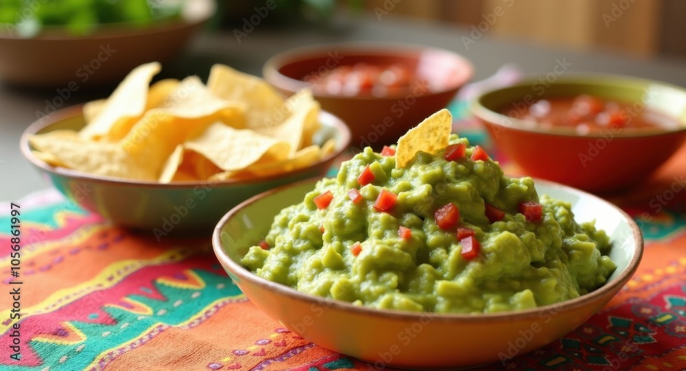 A bowl of guacamole with tortilla chips and salsa