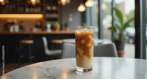 A tall glass of iced coffee with cream swirling inside