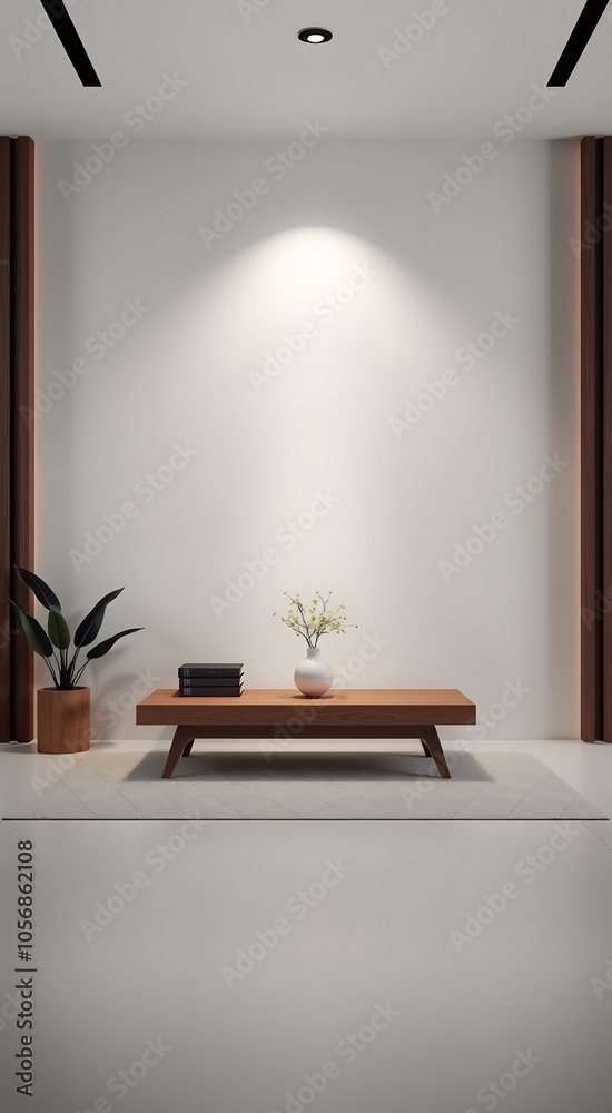 Minimalist living room interior with wooden table and white vase. Minimalist living room interior with wooden table and white vase.
