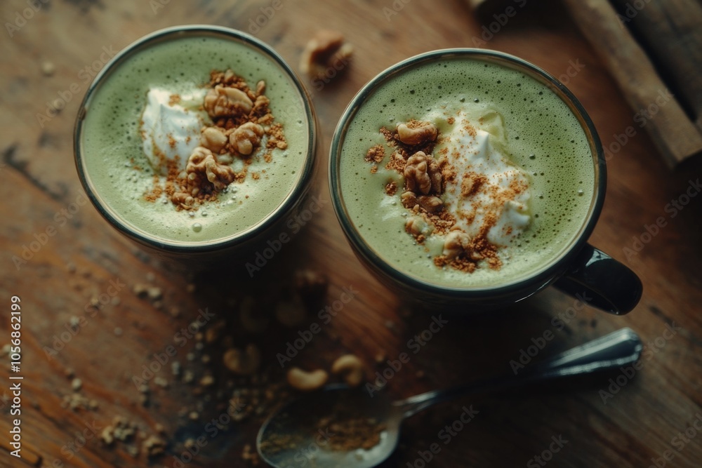 A warm beverage served in a cup with whipped cream and chopped nuts, perfect for a relaxing moment