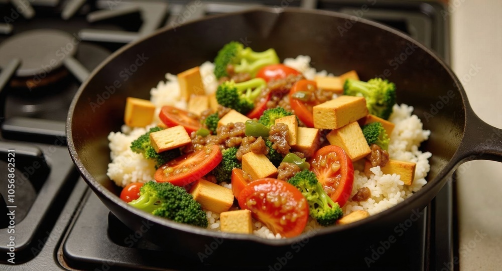A vibrant vegetable stir-fry with tofu and rice on a cast-iron skillet A vibrant vegetable stir-fry with tofu and rice on a cast-iron skillet