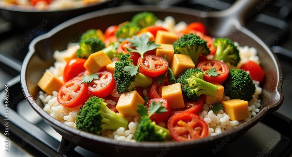 A vibrant vegetable stir-fry with tofu and rice on a cast-iron skillet A vibrant vegetable stir-fry with tofu and rice on a cast-iron skillet