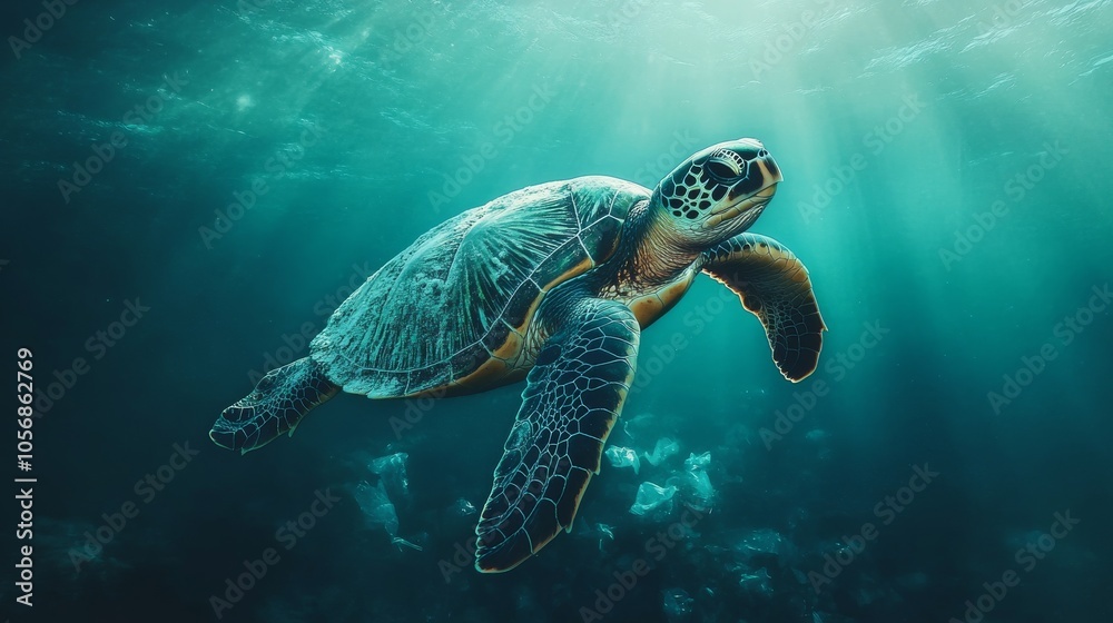 Obraz premium Sea Turtle Swimming in a Polluted Ocean