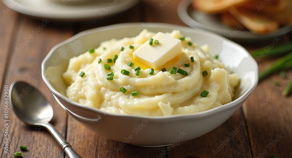 A bowl of creamy mashed potatoes with butter and chives A bowl of creamy mashed potatoes with butter and chives