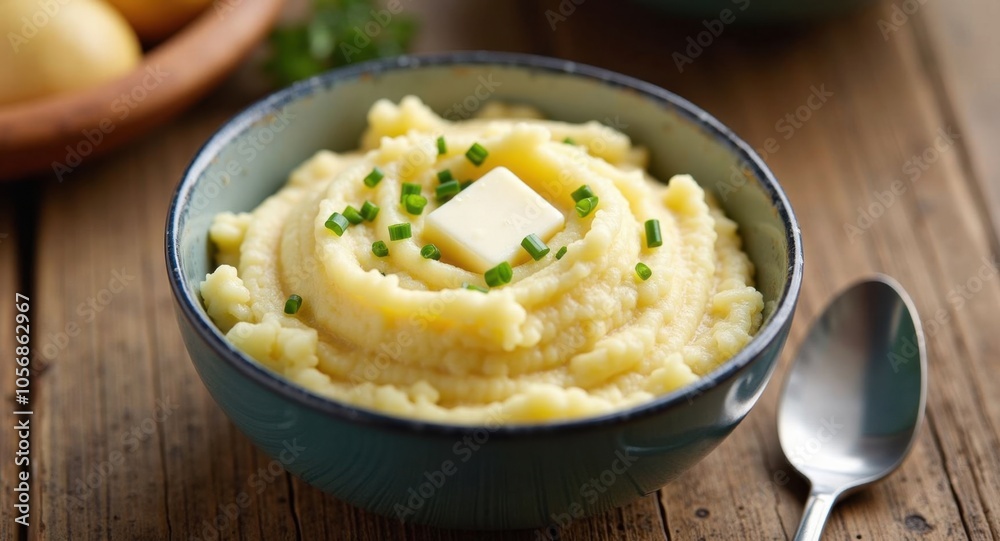 A bowl of creamy mashed potatoes with butter and chives A bowl of creamy mashed potatoes with butter and chives