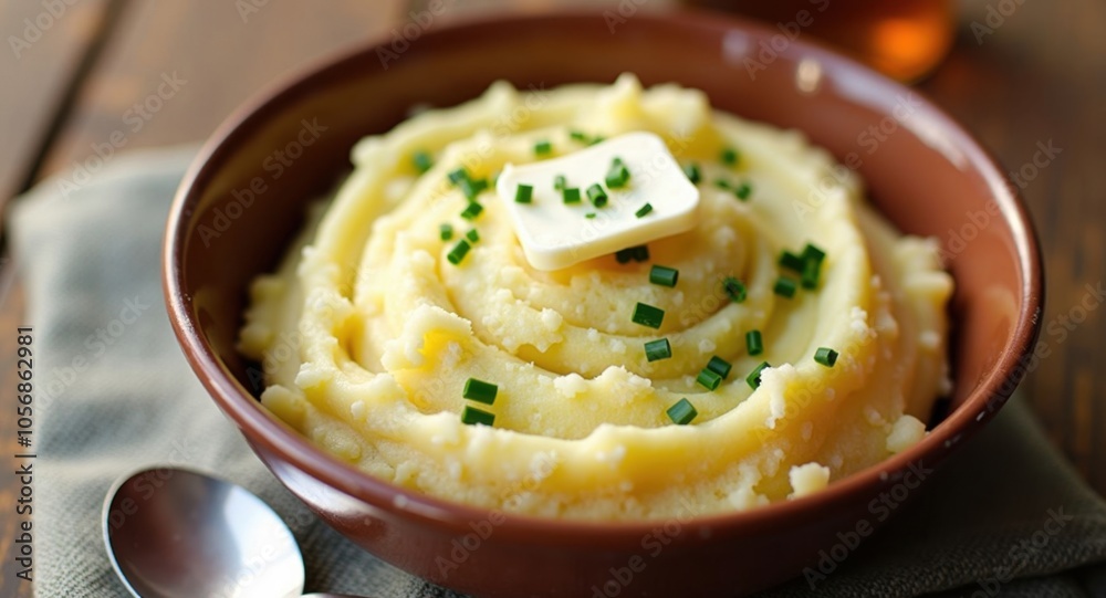 A bowl of creamy mashed potatoes with butter and chives A bowl of creamy mashed potatoes with butter and chives