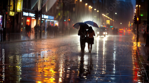 couple walks under umbrella in rain, creating romantic atmosphere amidst bustling city streets. reflections on wet pavement enhance scenes beauty and charm