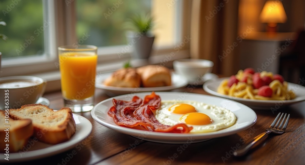 A decadent breakfast spread with bacon, eggs, and toast A decadent breakfast spread with bacon, eggs, and toast