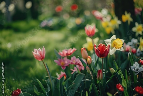 A collection of colorful wildflowers growing in a green meadow