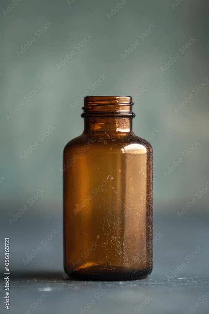 A simple, empty brown glass bottle sits on a table A simple, empty brown glass bottle sits on a table