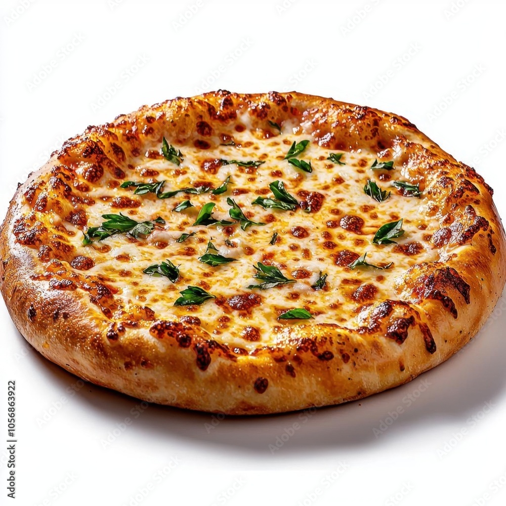 A photostock of a single cheesy pizza on a white background, delicious and classic. A photostock of a single cheesy pizza on a white background, delicious and classic.