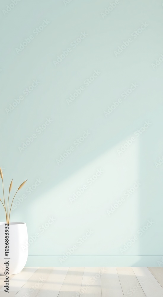 Minimalist interior with a single plant in a white pot against a light blue wall. Minimalist interior with a single plant in a white pot against a light blue wall.