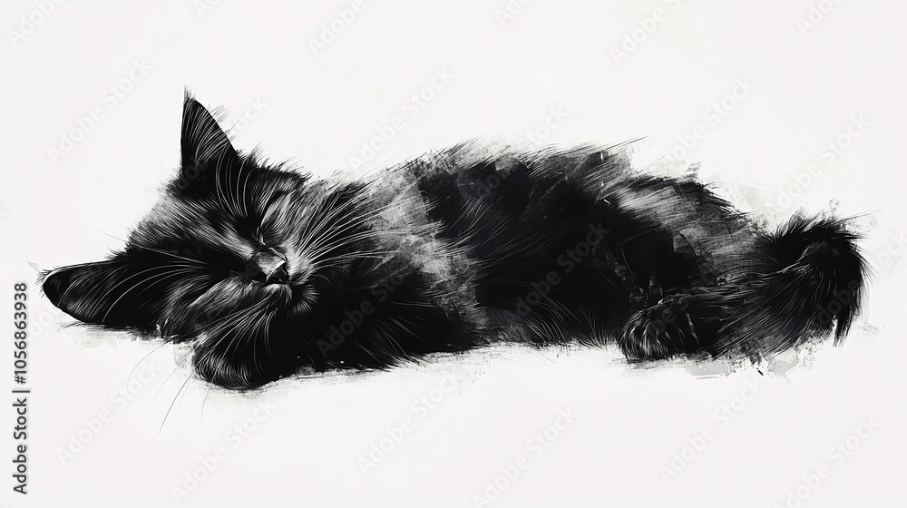 Obraz premium black and white closeup drawing of a sleeping cat in white background 
