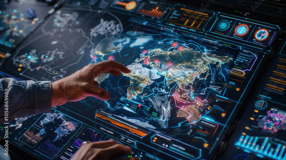 Fototapeta premium Digital dashboard filled with holographic graphs and global data visualization, showcasing interactive technology and analytics. user engages with interface, highlighting modern approach to data