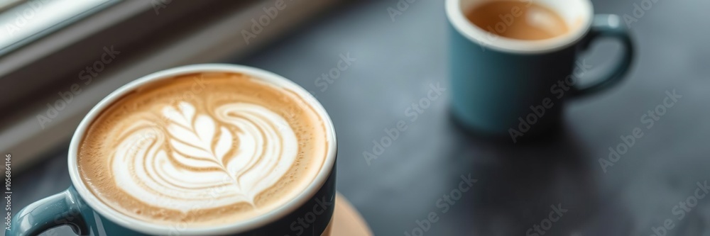 Close-up of a beautifully crafted latte art design on a steaming cup of coffee against a milky background, foam art, latte art, close-up Close-up of a beautifully crafted latte art design on a steaming cup of coffee against a milky background, foam art, latte art, close-up