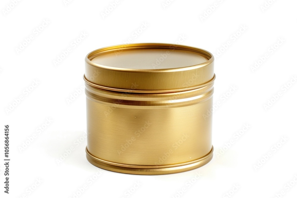 A small golden tin with a lid on a clean white surface A small golden tin with a lid on a clean white surface