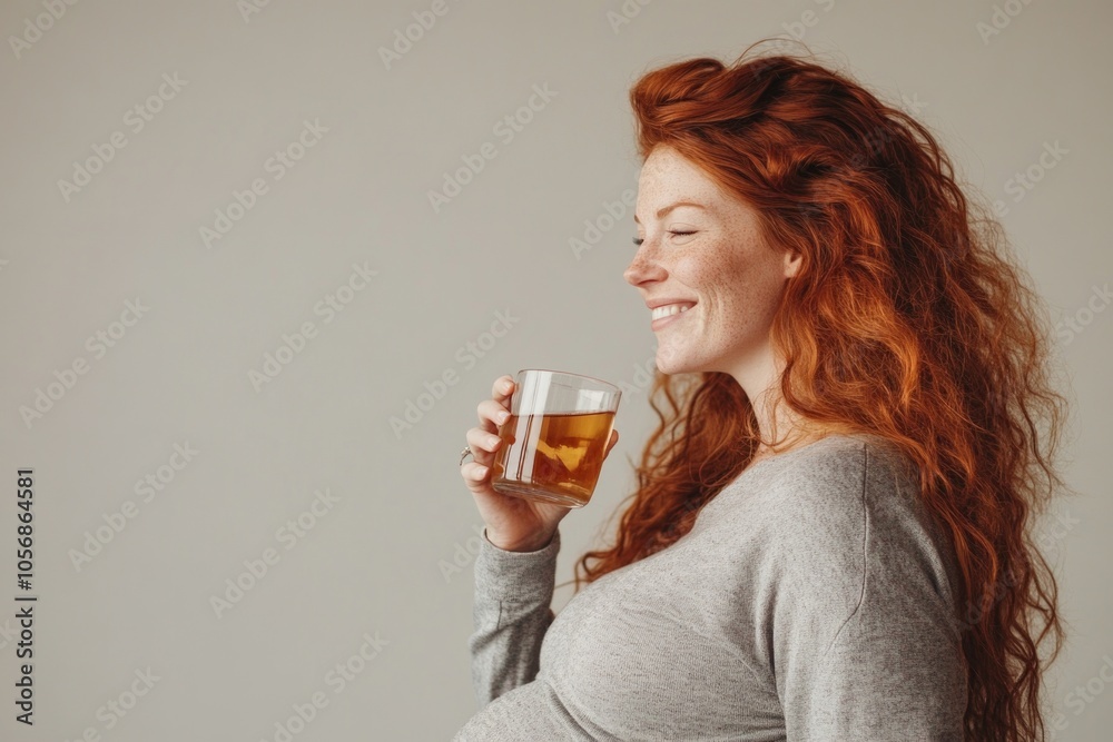 A woman with vibrant red hair sipping a glass of beer, casual moment A woman with vibrant red hair sipping a glass of beer, casual moment
