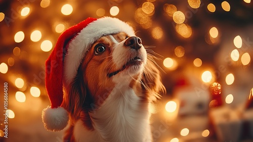 hristmas celebration with dog wearing a festive Santa hat, gazing up at twinkling lights photo