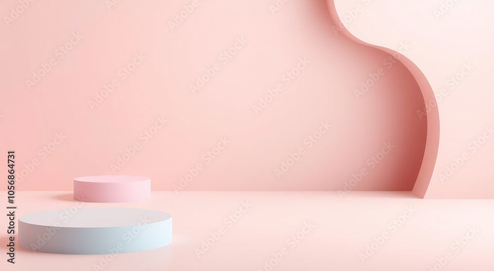 Two minimalist podiums on a soft pink background. Two minimalist podiums on a soft pink background.