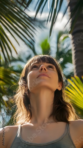 A woman with her eyes closed, smiling and standing in the sunlight of an outdoor setting surrounded by palm trees