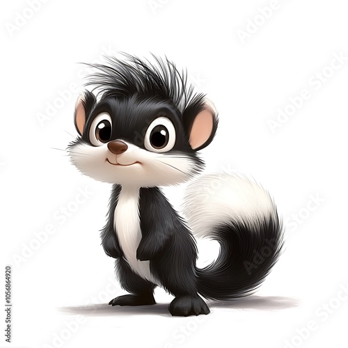 A cartoon skunk standing with a fluffy tail on a white background. photo