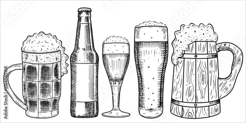 Set with beer. Glasses, mugs, bottle of beer. Vector illustration