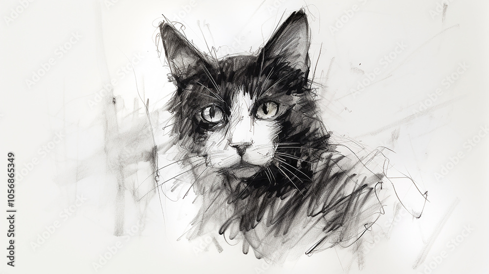 black and white closeup pencil sketch drawing of a cat in white background black and white closeup pencil sketch drawing of a cat in white background