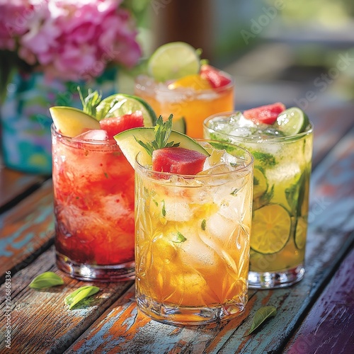 Friends clinking colorful cocktails during a lively event