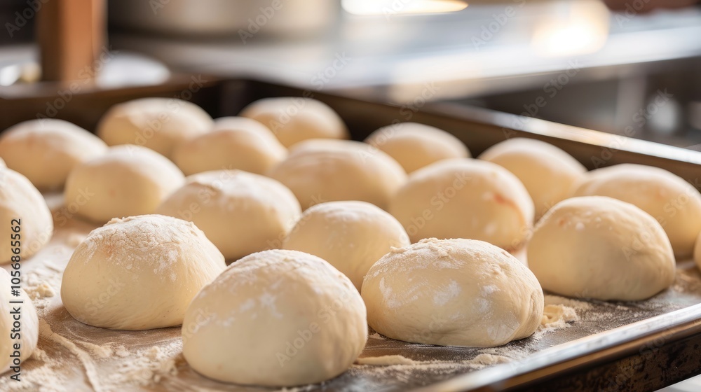 Organized rows of proven fresh yeast pizza dough balls on baking tray Organized rows of proven fresh yeast pizza dough balls on baking tray