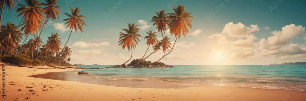 Fototapeta premium Tropical sandy ocean beach with palm trees vintage toned, cloudy sky