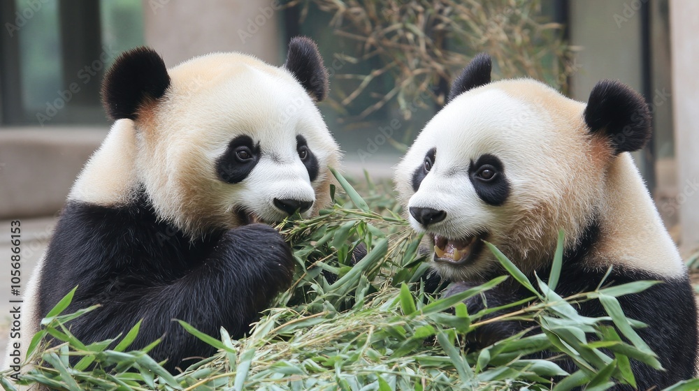 Obraz premium Two Pandas Enjoying a Bamboo Feast