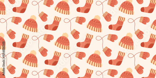 Christmas seamless pattern with warm hat, sock, mittens. New Year winter vector background for packaging, textiles, scrapbooking.