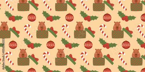 Christmas seamless pattern with Capybara in gift box, candy cane, holly branch. New Year winter vector background for packaging, textiles, scrapbooking.