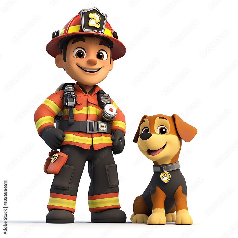 A cartoon firefighter with a friendly expression, sliding down a fire pole with a big smile on a white background. A cartoon firefighter with a friendly expression, sliding down a fire pole with a big smile on a white background.
