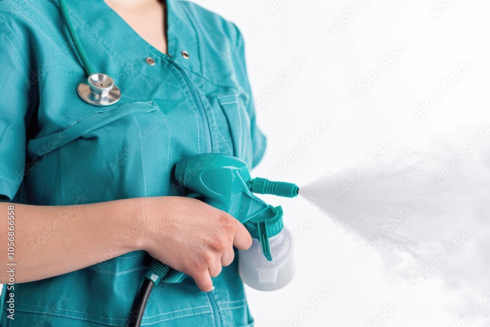 A healthcare professional in a green scrub suit sprays a white substance for disinfection purposes