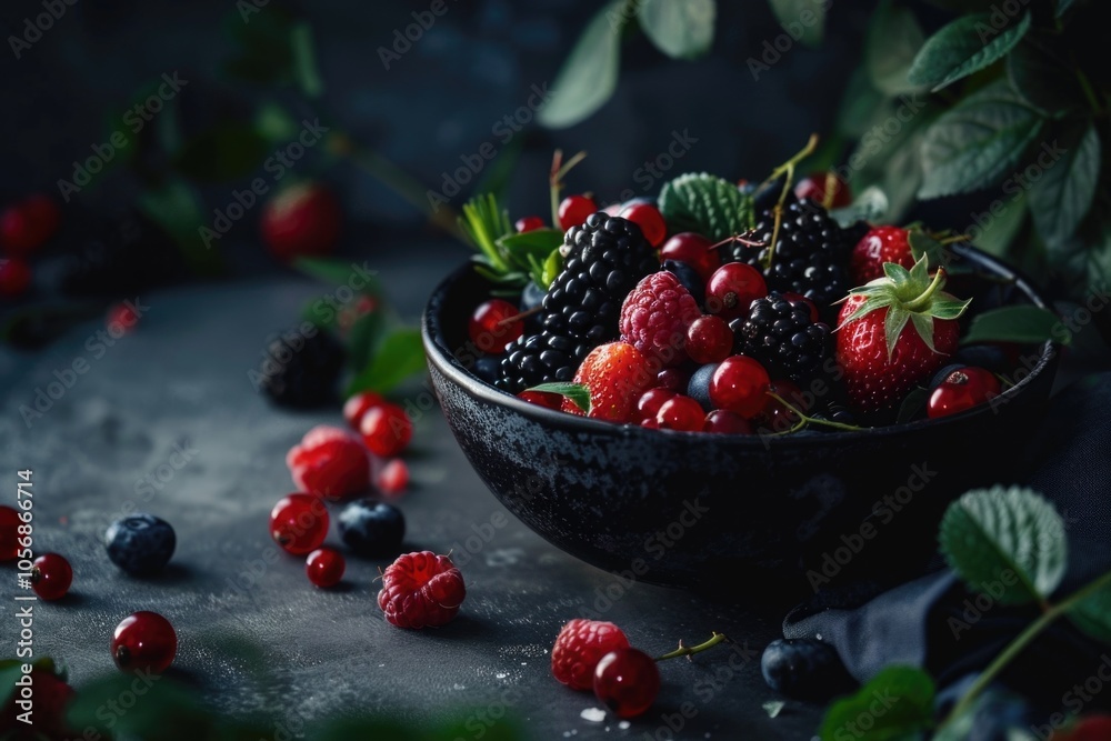 Fresh berries fill a black bowl on a table, perfect for snacking or decoration Fresh berries fill a black bowl on a table, perfect for snacking or decoration