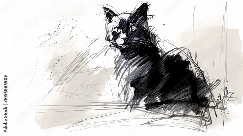 Obraz premium black and white closeup pencil sketch drawing of a cat in white background