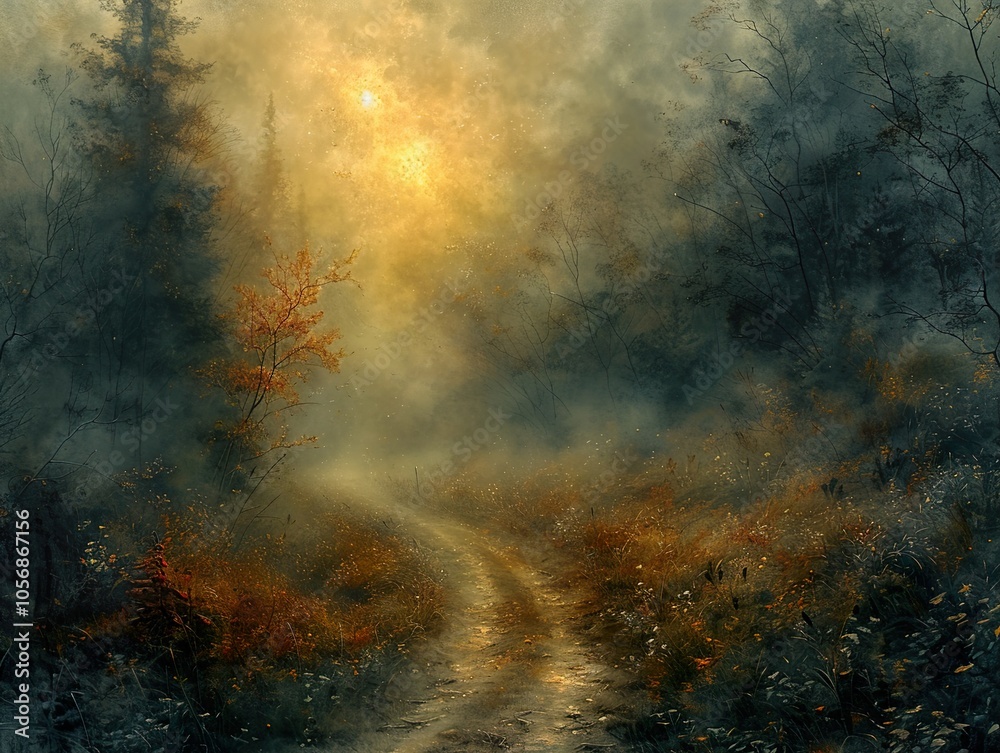 Fototapeta premium Misty Forest Path: Golden Light and Tranquil Scenery