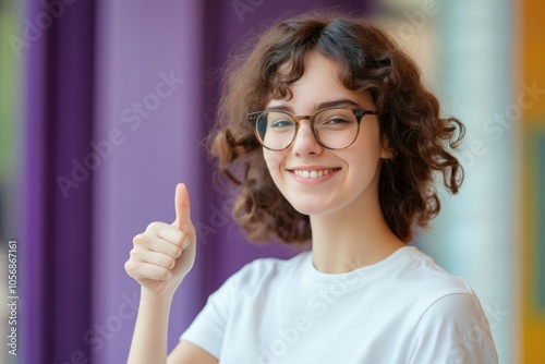 A woman wearing glasses and giving a thumbs up, suitable for various uses such as motivational or confidence-building imagery photo