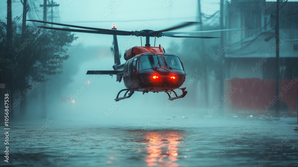 Helicopter Flying Over Floodwaters in Rainy Weather Helicopter Flying Over Floodwaters in Rainy Weather