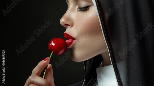 Attractive erotic nun detailed face, large red lips, licking a red wet cherry on a stem , red sensual lips. Temptation and sexual pleasure. Website banner for adult theme. Forbidden fruit concept photo