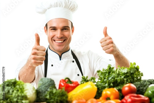 A chef in a chef's hat giving a thumbs up, perfect for food or cooking related use photo