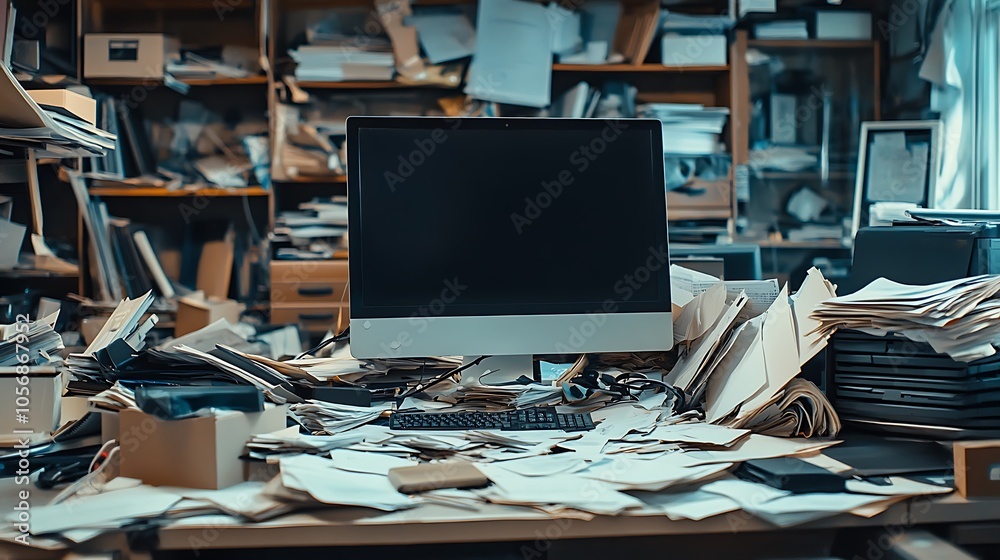 A closeup shot of a messy workspace with a hightech computer monitor, tangled cables, and disorganized piles of documents A closeup shot of a messy workspace with a hightech computer monitor, tangled cables, and disorganized piles of documents