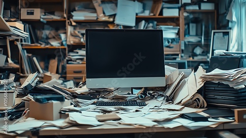 A closeup shot of a messy workspace with a hightech computer monitor, tangled cables, and disorganized piles of documents