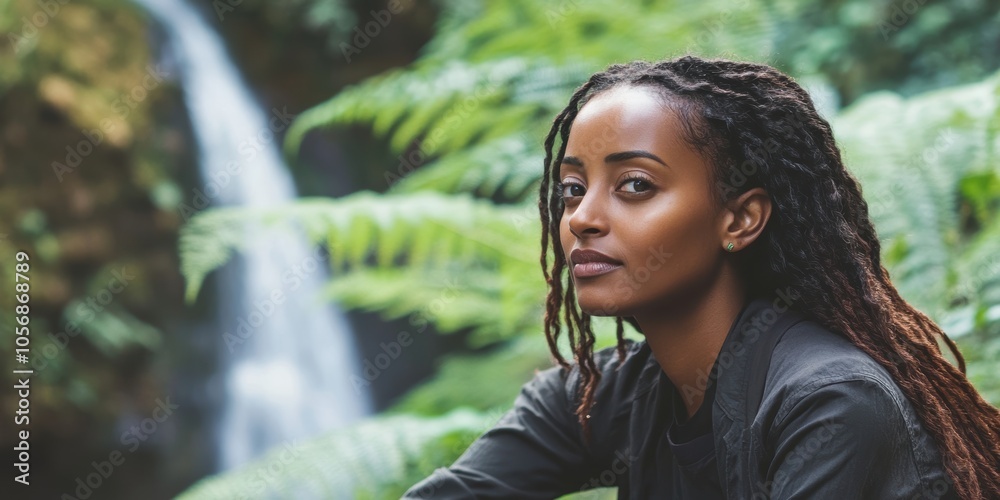 Ethiopian Woman with a Serene Expression Sitting by a Tranquil Waterfall Surrounded by Nature Ethiopian Woman with a Serene Expression Sitting by a Tranquil Waterfall Surrounded by Nature