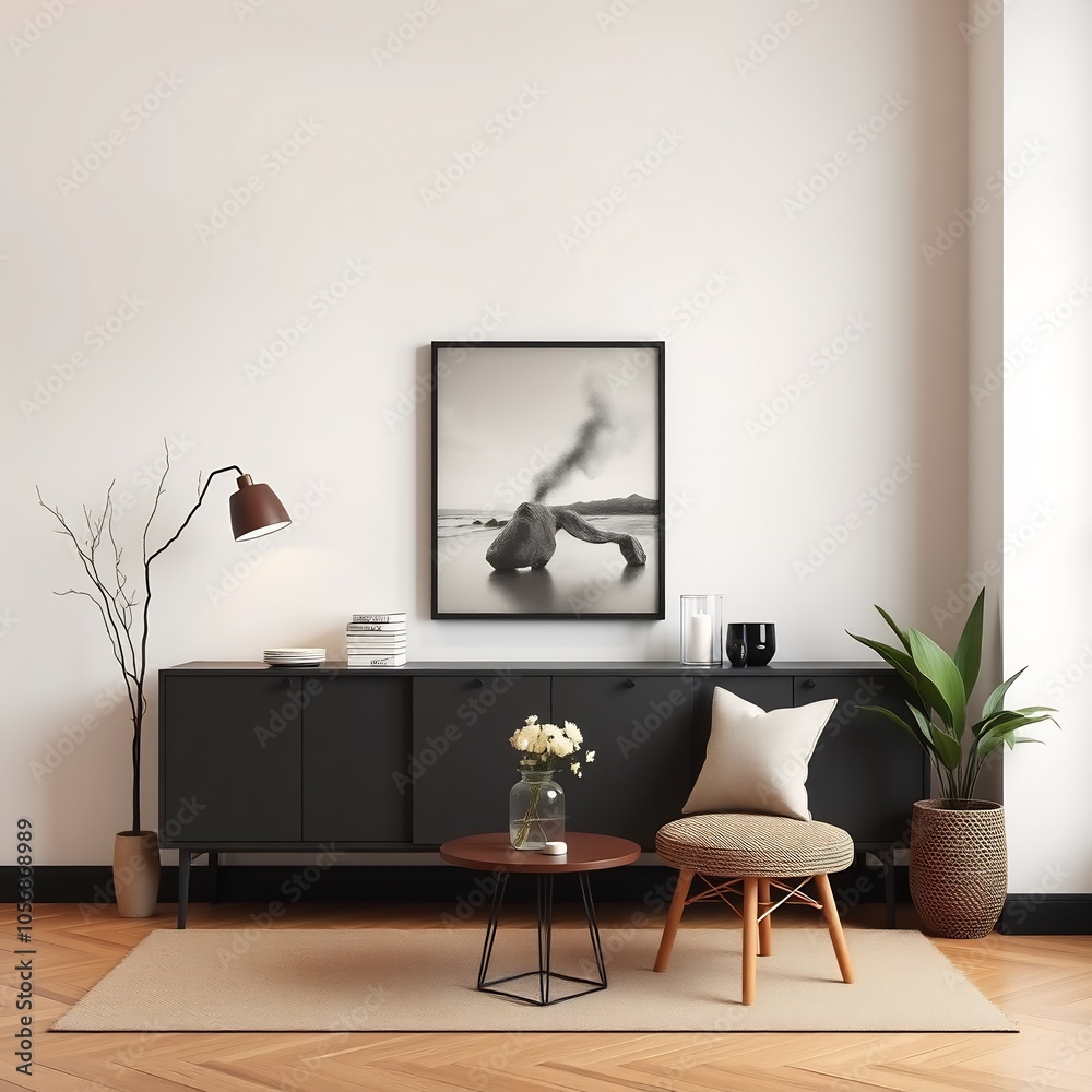 Modern living room with black cabinet, wooden chair, and rug. Modern living room with black cabinet, wooden chair, and rug.