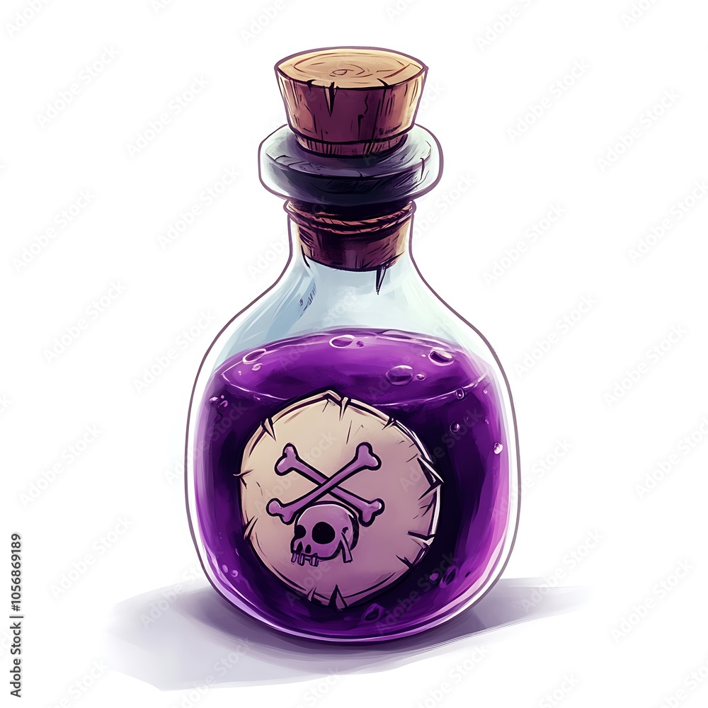 A cartoon potion bottle with a skull and crossbones label, filled with a mysterious purple liquid on a white background. A cartoon potion bottle with a skull and crossbones label, filled with a mysterious purple liquid on a white background.