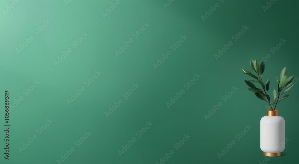 Minimalist green background with white vase and green leaves. Minimalist green background with white vase and green leaves.