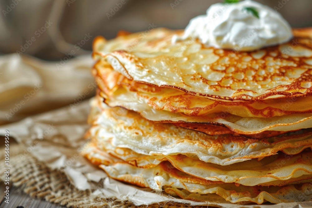 Delicious Stack of Homemade Pancakes with Whipped Cream in Rustic Kitchen Setting Delicious Stack of Homemade Pancakes with Whipped Cream in Rustic Kitchen Setting