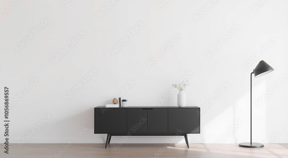 Minimalist living room with black cabinet, floor lamp and vase.